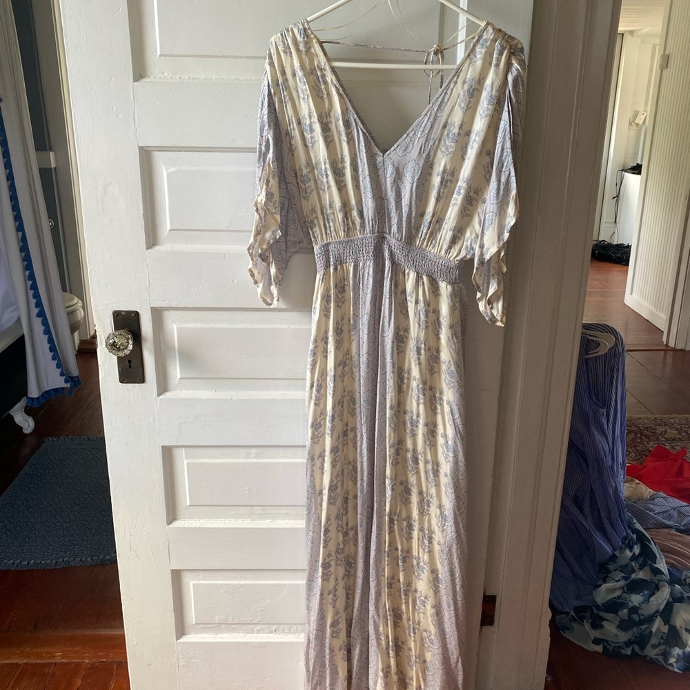 Lovestitch Floral Tie-Back Dress in Cream and Blue